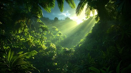 Obraz premium Lush Tropical Jungle with Sunlight Filtering Through Trees
