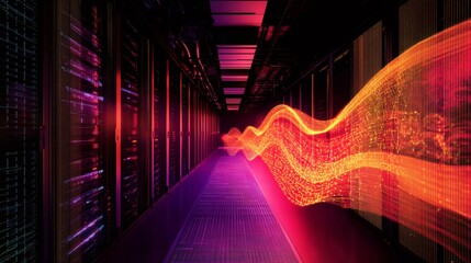 Digital wave flowing through futuristic server room corridor