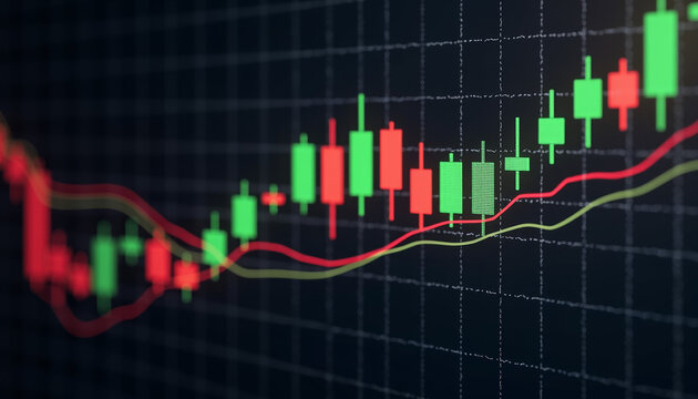 Photorealistic trading chart featuring a candlestick chart with green and red candles showing market trends against a black background