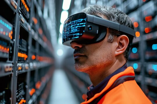 IT specialist wearing virtual reality headset and working in server room