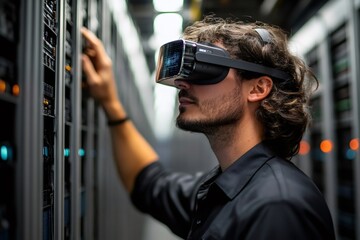 Technician using vr headset checking servers in a data center