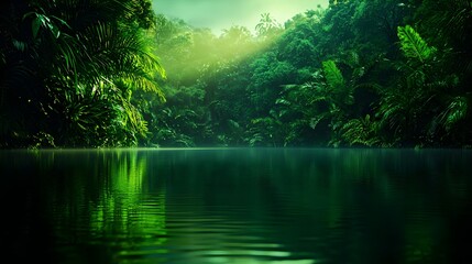 Obraz premium Serene Tropical Forest Reflection on Calm River Surface at Dawn