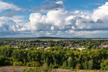 View of the city of Nevyansk from the inclined Demidov tower on a summer day