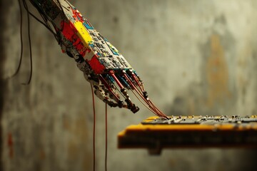 A weathered robotic hand, intricately wired, interacts with a circuit board, showcasing advanced technology.