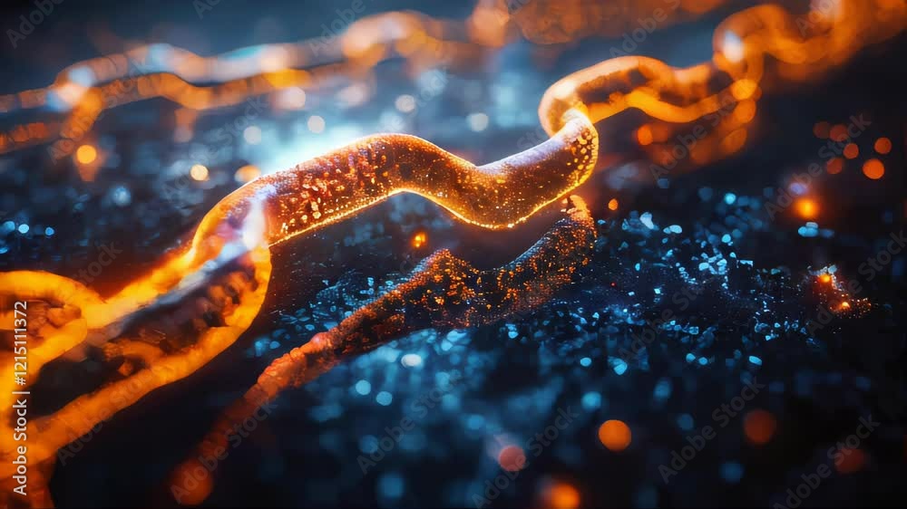Poster a glowing orange blockchain network chain in a futuristic digital environment with sparkling particl