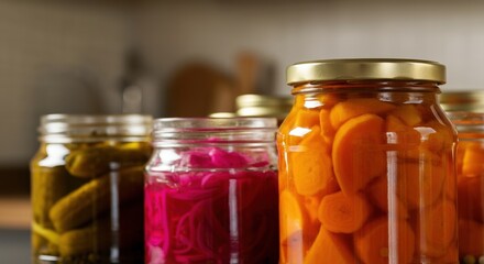 Colorful jars of pickled vegetables, showcasing vibrant carrots and beets