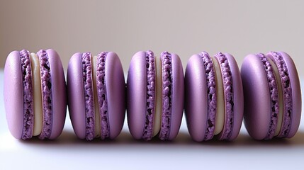 Lavender macarons displayed elegantly in pastel shades on a light background. Line of macaroons perfect for tea time or gourmet dessert tables. Traditional French dessert.