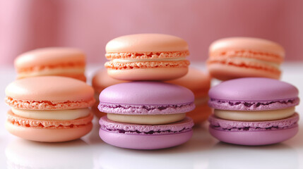 Delightful lavender macarons in pastel shades perfect for a gourmet dessert table. Tender French dessert, macaroons, isolated on light pink background