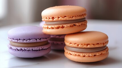 Lavender and orange macarons showcase gourmet French pastries in pastel shades for a delightful dessert experience, food blog, cookbook, bakery promotions or culinary blogs