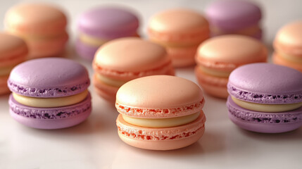 Macaroons assortment in pastel colors on light background for culinary website or food blog, cookbook, food products brands, confectionary ads, cafe, restaurant menu