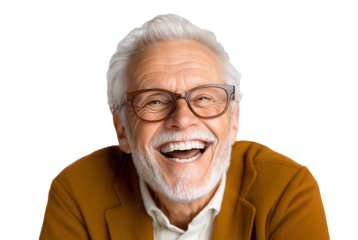 Joyful elderly man smiling widely with glasses and white hair against a transparent background