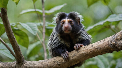 Fototapeta premium Portrait of a black-tufted marmoset clinging to a tree branch 