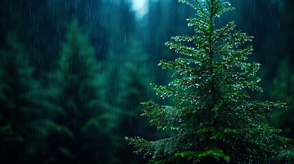 Raindrops on Pine Tree in Lush Forest During Rainy Weather