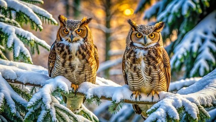Fototapeta premium Majestic Winter Owls: Two Great Horned Owls Perched on a Snowy Branch, Drone Aerial View