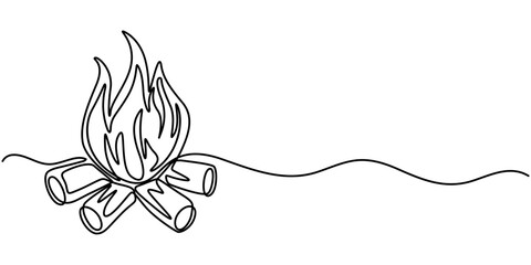 Continuous Line Drawing of Campfire Icon. Hand Drawn Symbol Vector Illustration, Bonfire in one line art drawing style. Campfire black line sketch on white background. Vector illustration, Bon fire. 