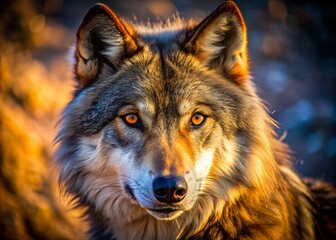 Fototapeta premium Majestic Wolf Portrait: Close-Up of a Wolf's Furry Face with Long Hair