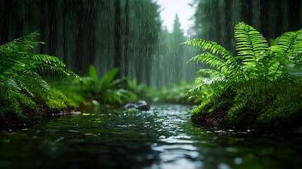Obraz premium Tranquil Forest Stream with Lush Ferns and Gentle Rainfall