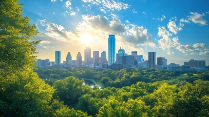 Fototapeta premium Austin Texas skyline rising behind lush green trees at sunrise
