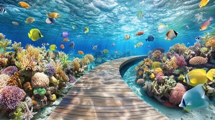 Underwater boardwalk, vibrant coral reef, tropical fish, ocean scenery, tourism