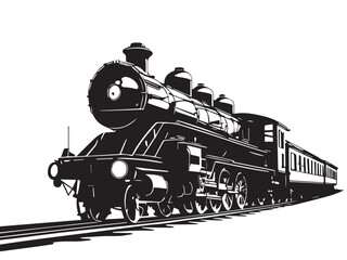 Obraz premium Locomotive Train silhouette vector illustration isolated on a white background. Black Train silhouette. 
