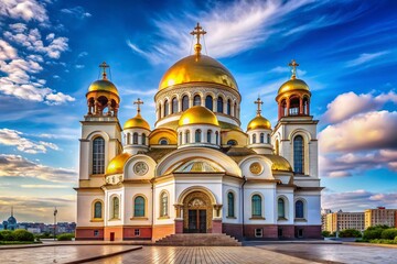 Fototapeta premium Majestic Yekaterinburg Alexander Nevsky Cathedral, Architectural Detail, Russian Orthodox Church, Stunning Exterior, Golden Domes