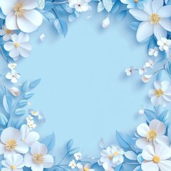 Delicate Paper Flowers Frame Light Blue Background