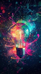 Colorful lightbulb idea with abstract energy and vibrant paint streaks