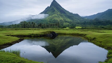 Obraz premium A tranquil water reflection of a lush green mountain under a cloudy sky, creating a harmonious natural symmetry.