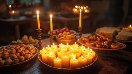 A festive dining table is illuminated by the warm glow of a silver menorah holding nine lit candles,