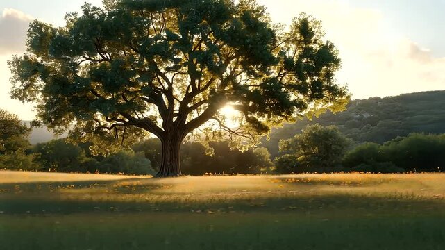 Majestic Oak Tree in Vibrant Field of Wildflowers