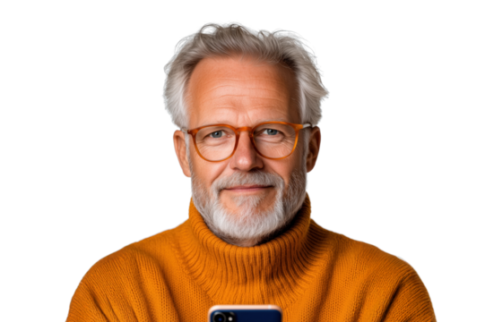 Older man in glasses wearing an orange sweater is smiling while looking at his smartphone with a transparent background