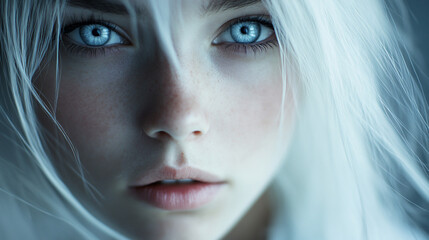 Close-up portrait of a young woman with striking blue eyes and white hair.