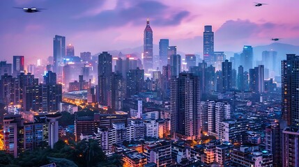 Fototapeta premium Urban Skyline at Twilight with Drones Overhead