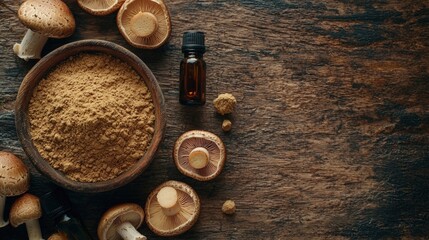 Clean wooden table featuring a bowl filled with kratom powder alongside mushrooms and essential oils, highlighting natural remedies for wellness and energy support