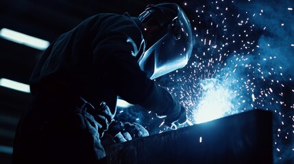A welder in protective gear working on a large metal structure with sparks flying, Industrial welding scene, Dynamic and intense style