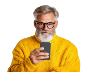 Senior man in yellow sweater uses smartphone with confidence and style in modern digital lifestyle