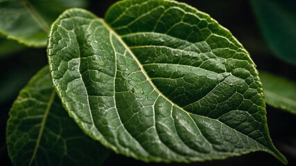 Close-up of a single green leaf with detailed veins