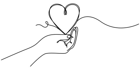 Single continuous line of hands holding hearts on a white background. Black thin line of the hands with  hearts, One continuous line drawing of hands holding heart. Concept of love relationship pro. 