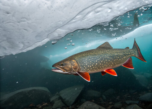 An arctic char with speckled sides and reddish-orange fins swimming under icy waters