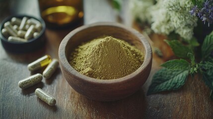 Close view of a wooden table displaying kratom powder, medicinal mushrooms, and various pills, emphasizing alternative medicine and therapeutic benefits