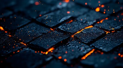 Glowing Lava Cracks on Dark Cobblestone Surface in a Dramatic Scene