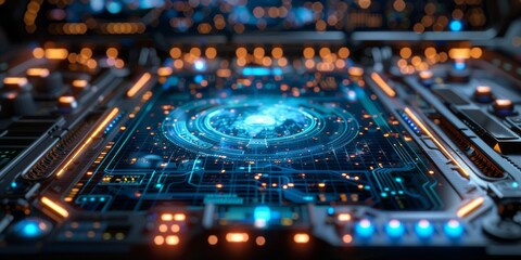 Obraz premium Futuristic control panel with glowing blue and orange circuitry, featuring intricate holographic elements and a high-tech