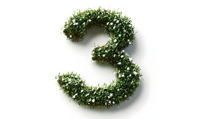 Grassy number three, spring flowers, white background, eco design