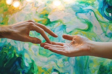 Two hands gently touch against a vibrant, abstract background of swirling blues and greens.
