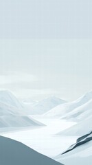 Tranquil frozen lake amid snowy hills and soft gray sky