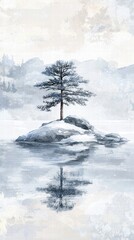 Obraz premium Serene winter island snowy pines on a frozen lake