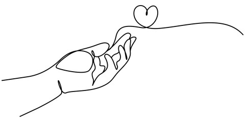 Single continuous line of hands holding hearts on a white background. Black thin line of the hands with  hearts, One continuous line drawing of hands holding heart. Concept of love relationship pro. 