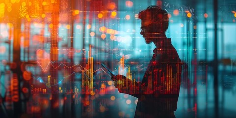 Silhouette of a man using a tablet with abstract financial charts and glowing cityscape in the background