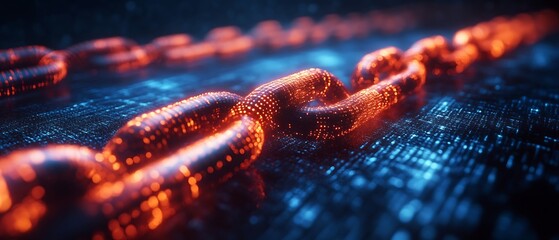 Glowing chain link on digital surface.