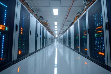 Obraz premium Server Room Corridor with Blinking Lights in Data Center